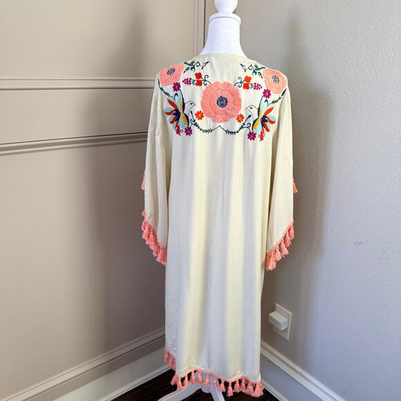 Judith March Womens Size L Boho Festival Long Kimono Embroided Birds Fringe - Picture 4 of 5